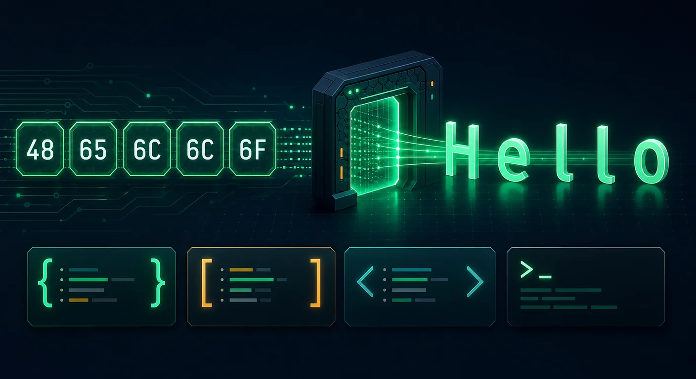 Cover image for the article: Hex to ASCII in Python, JavaScript, C and CLI